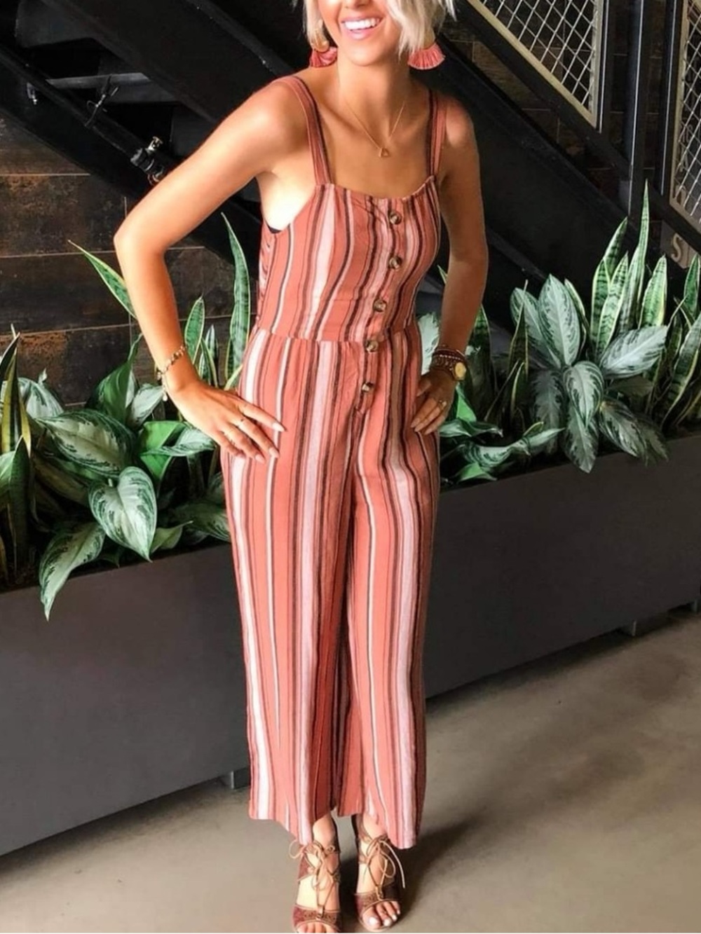 AE Striped Rust Wide-Leg Jumpsuit with Buttons